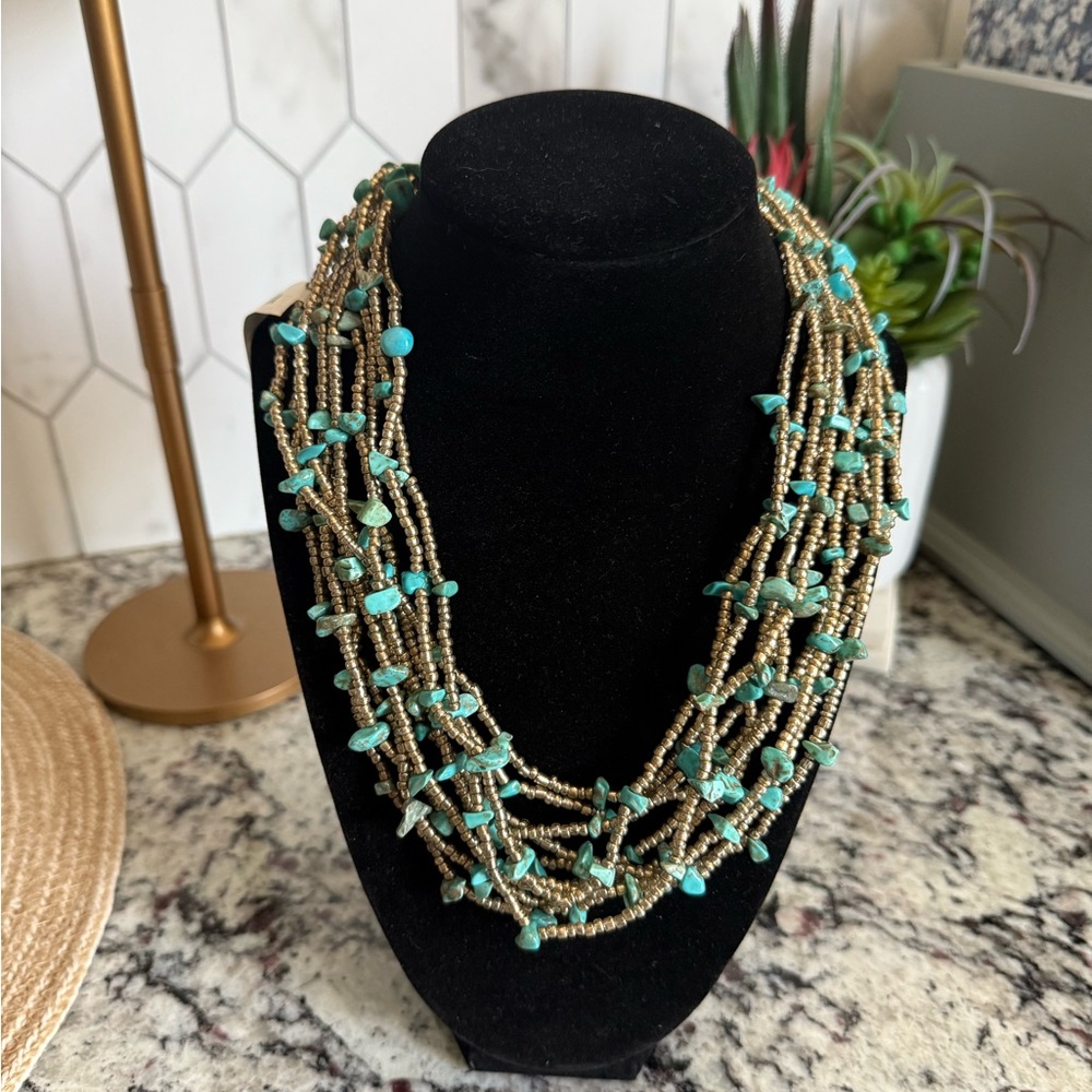 Elegant Turquoise and Gold Beaded Necklace, adjustable chain